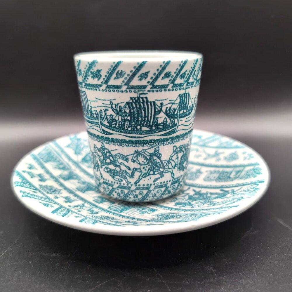 Vtg Danish Nymolle Art Faience Hoyrup Teal/Wht Demitasse/Saucer Limited Ed CRACK
